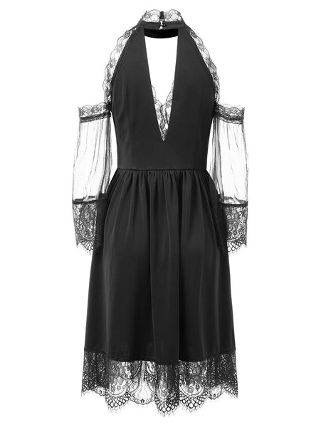 Cold Shoulder Lace Insert Midi Choker Dress