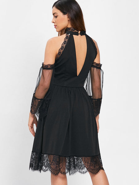 Cold Shoulder Lace Insert Midi Choker Dress