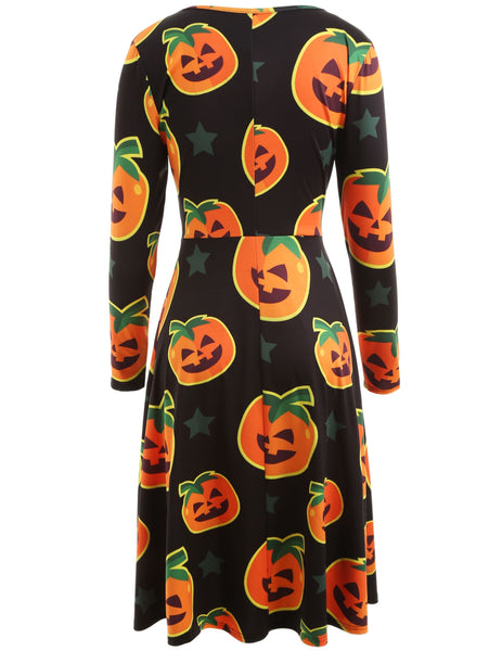 Halloween Pumpkin Print Midi Swing Dress