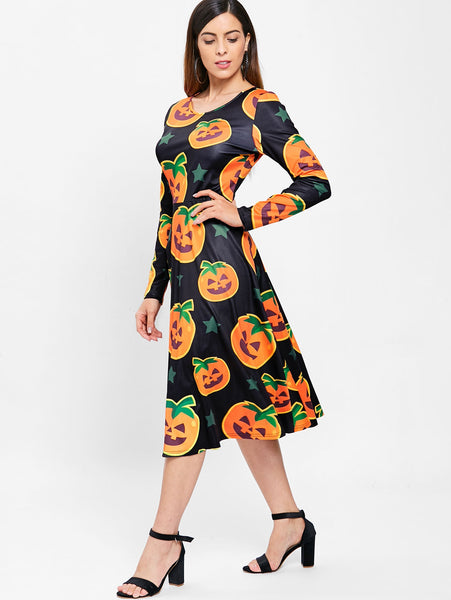 Halloween Pumpkin Print Midi Swing Dress