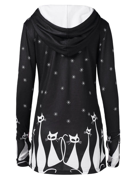 Halloween Cat Star Print Drawstring Pullover Hoodie