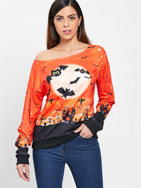 Halloween Bat Print Skew Neck Sweatshirt