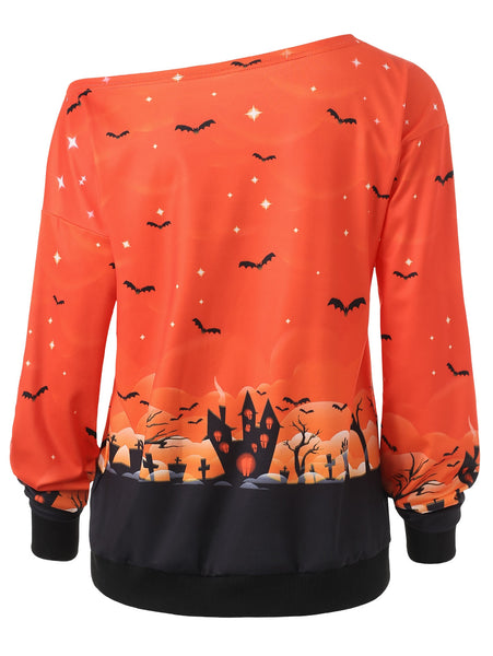 Halloween Bat Print Skew Neck Sweatshirt