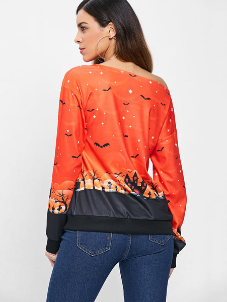 Halloween Bat Print Skew Neck Sweatshirt