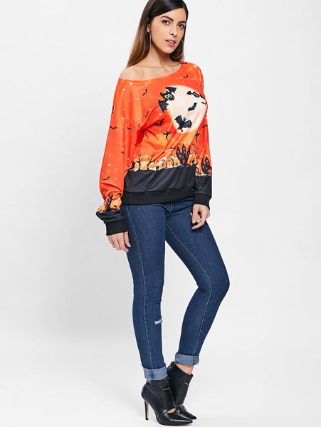 Halloween Bat Print Skew Neck Sweatshirt