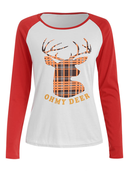 Christmas Slash Neck Long Sleeve Deer Pattern T-Shirt For Women