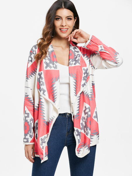 Stylish Turn-Down Collar Long Sleeve Geometric Print Women's Cardigan