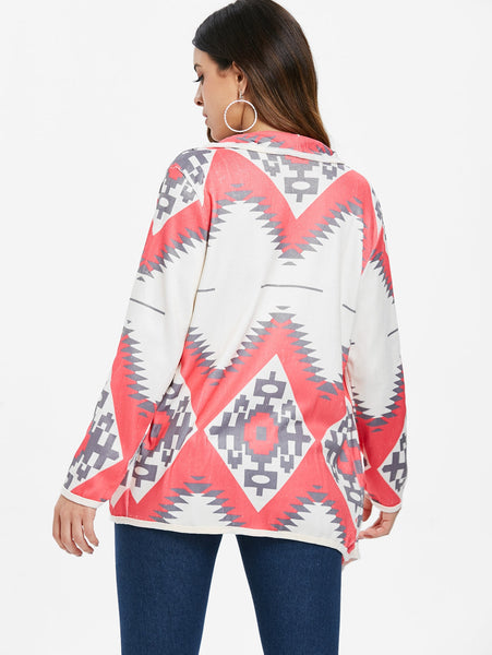 Stylish Turn-Down Collar Long Sleeve Geometric Print Women's Cardigan
