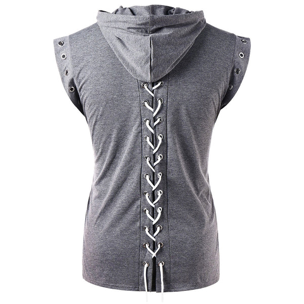 Drawstring Lace Up Solid Color Sleeveless Hoodie
