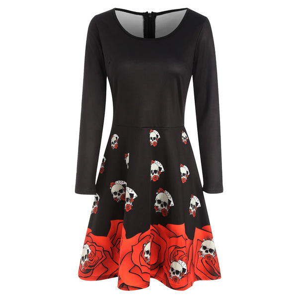 Halloween Skull Print Flare Dress