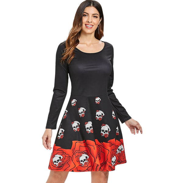 Halloween Skull Print Flare Dress