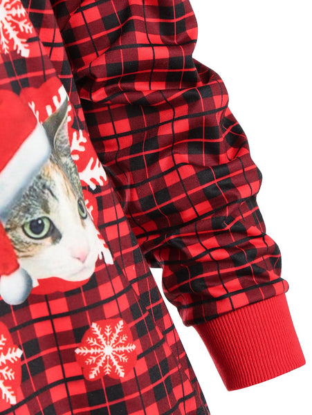Christmas Cat Print Plaid Sweatshirt