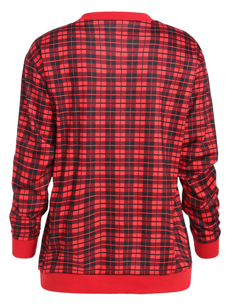 Christmas Cat Print Plaid Sweatshirt