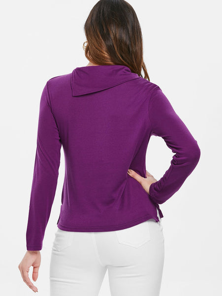 Casual Buttoned Cowl Neck Solid Color Long Sleeve T-Shirt For Women