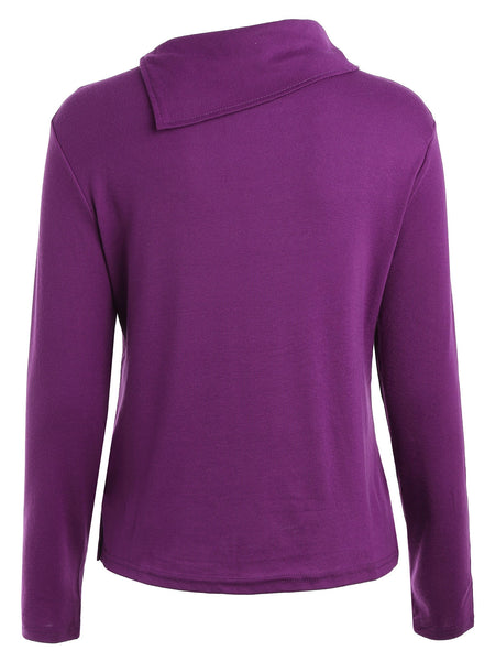Casual Buttoned Cowl Neck Solid Color Long Sleeve T-Shirt For Women