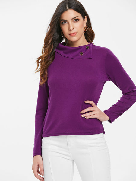 Casual Buttoned Cowl Neck Solid Color Long Sleeve T-Shirt For Women