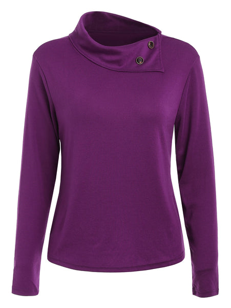 Casual Buttoned Cowl Neck Solid Color Long Sleeve T-Shirt For Women