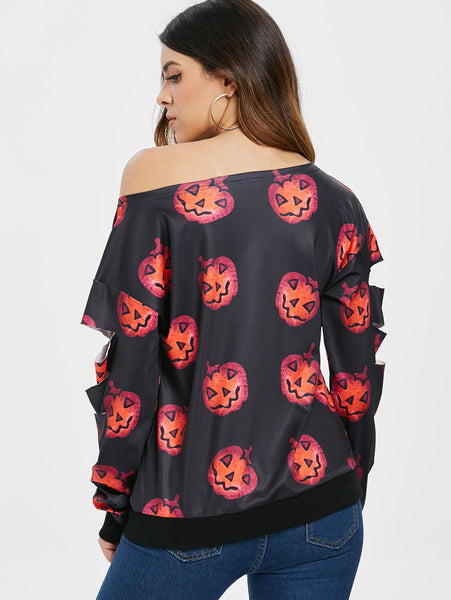 Halloween Pumpkin Print Skew Neck Sweatshirt