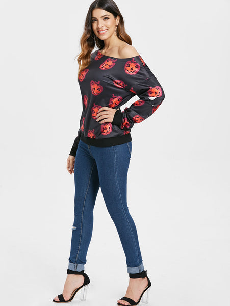 Halloween Pumpkin Print Skew Neck Sweatshirt