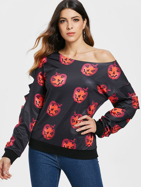 Halloween Pumpkin Print Skew Neck Sweatshirt