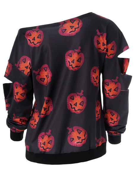 Halloween Pumpkin Print Skew Neck Sweatshirt