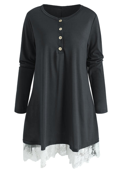 Lace Hem Button Detail T-shirt