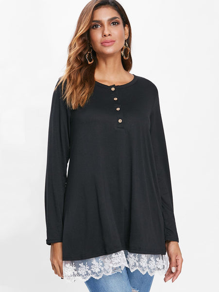 Lace Hem Button Detail T-shirt
