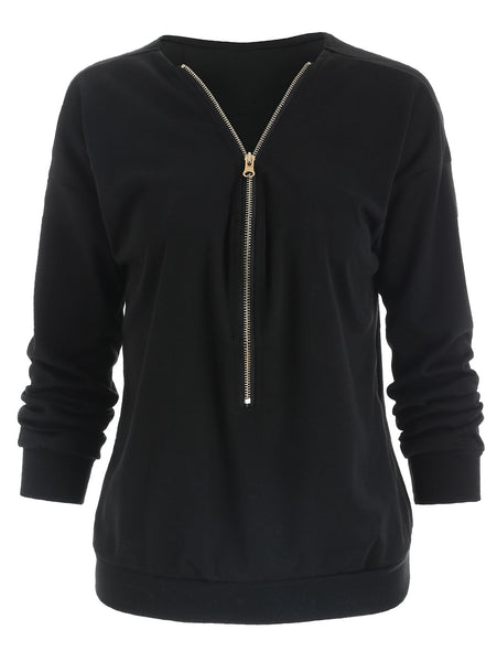 Stylish V-Neck Long Sleeve Zippered Loose-Fitting Women's Sweatshirt