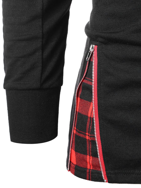 Zip Embellished Plaid Panel Hoodie