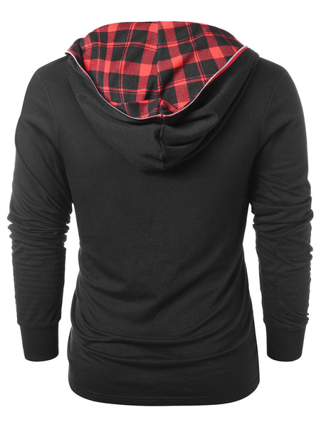 Zip Embellished Plaid Panel Hoodie