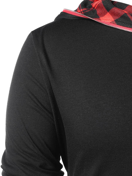 Zip Embellished Plaid Panel Hoodie