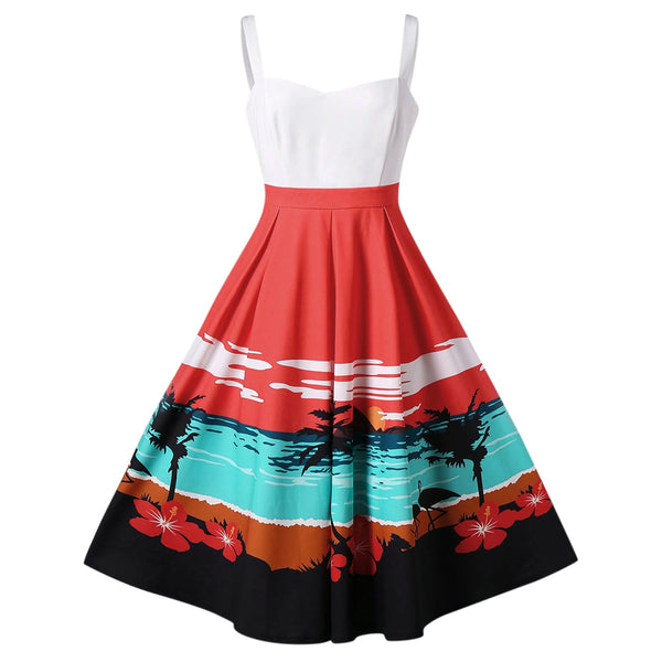 Sunset Beach Print Sleeveless Flared Dress