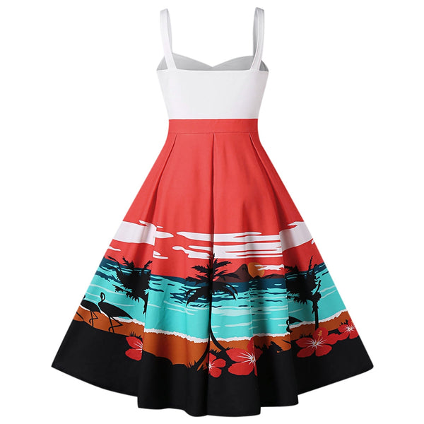 Sunset Beach Print Sleeveless Flared Dress