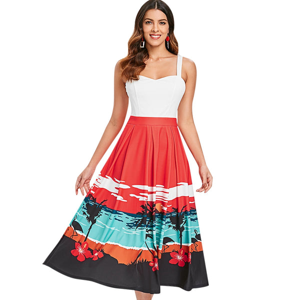 Sunset Beach Print Sleeveless Flared Dress