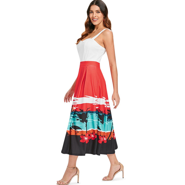 Sunset Beach Print Sleeveless Flared Dress