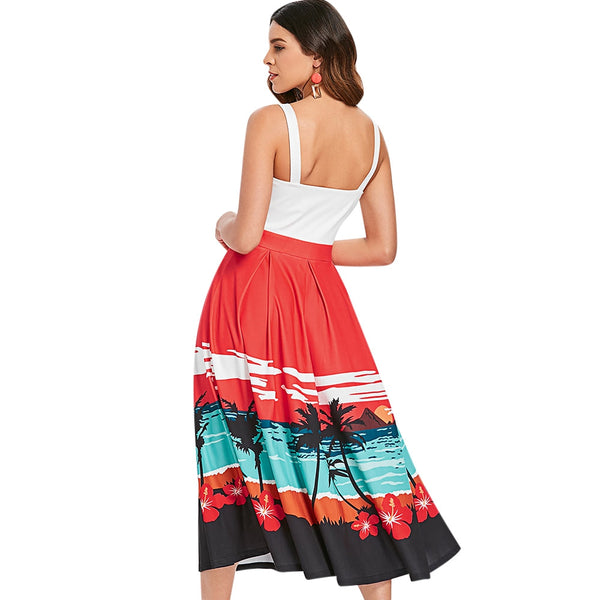Sunset Beach Print Sleeveless Flared Dress