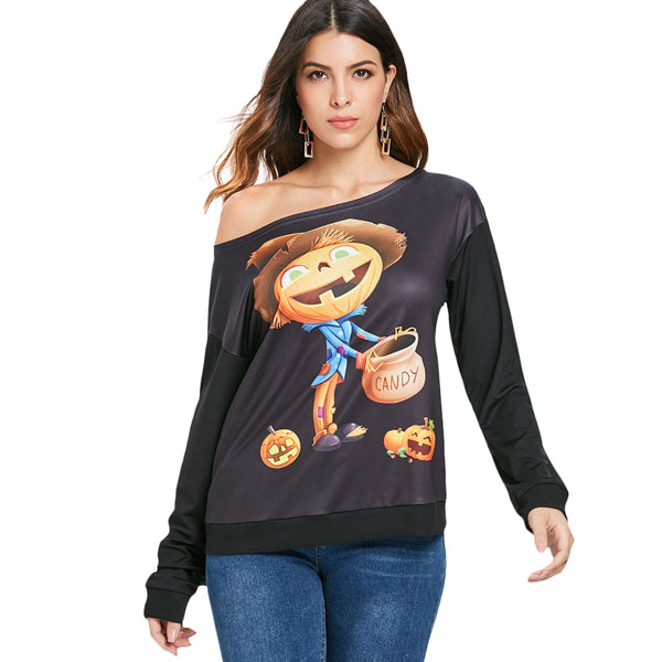 Halloween Print Skew Neck Sweatshirt