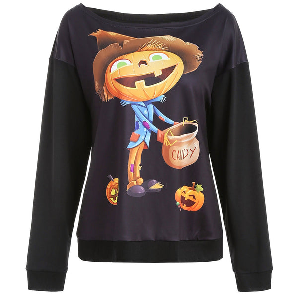 Halloween Print Skew Neck Sweatshirt