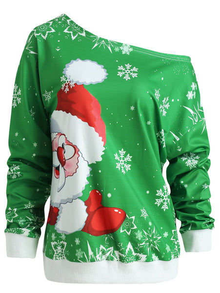 Skew Neck Christmas Santa Claus Sweatshirt