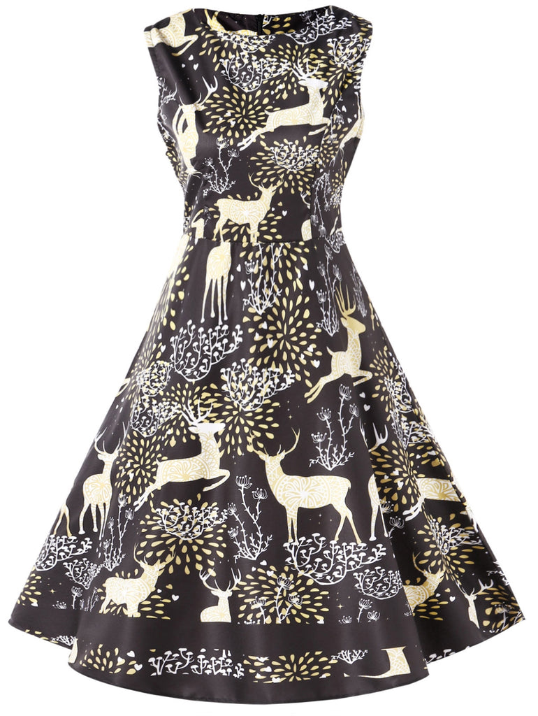 Vintage Christmas Elk Print Pin Up Dress