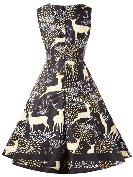 Vintage Christmas Elk Print Pin Up Dress