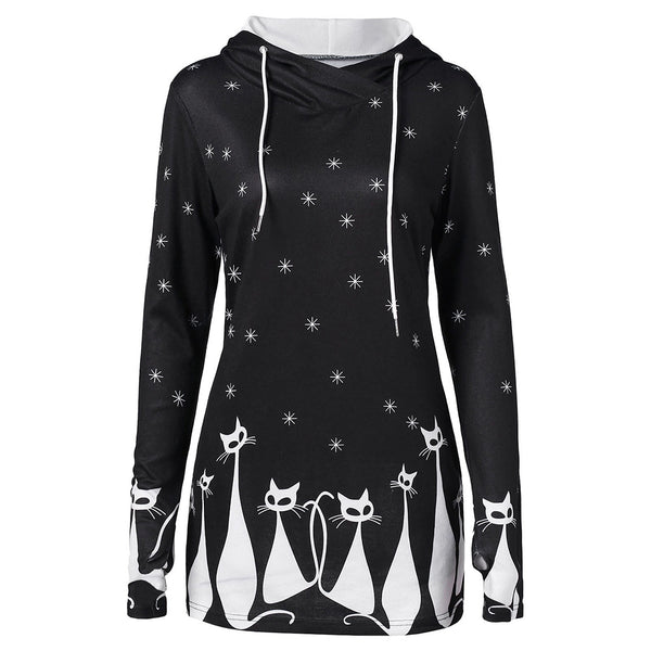 Halloween Cat Star Print Drawstring Pullover Hoodie