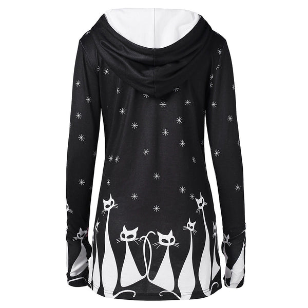 Halloween Cat Star Print Drawstring Pullover Hoodie