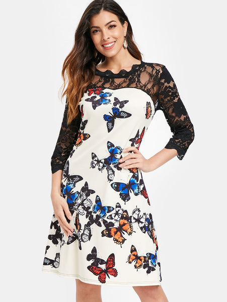 Lace Panel Butterflies Print Dress