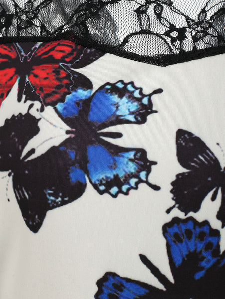 Lace Panel Butterflies Print Dress