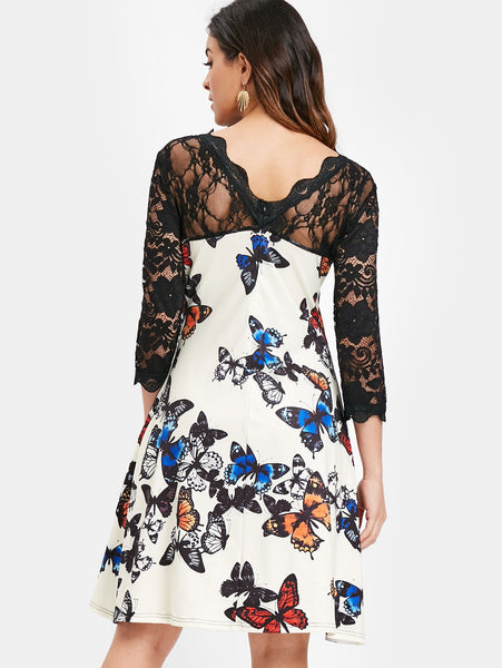 Lace Panel Butterflies Print Dress