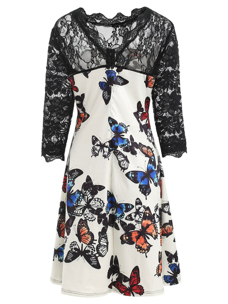 Lace Panel Butterflies Print Dress