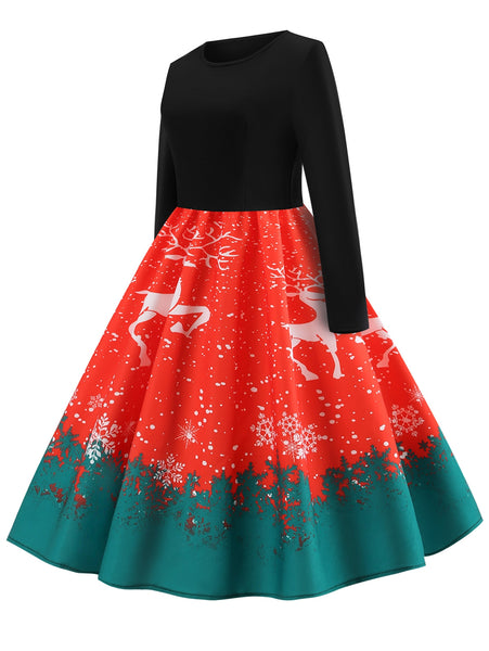 Christmas Elk Print Fit and Flare Dress