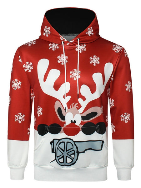 Christmas Elk Printed Drawstring Hoodie