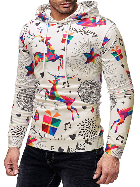Drawstring Christmas Deer Print Hoodie
